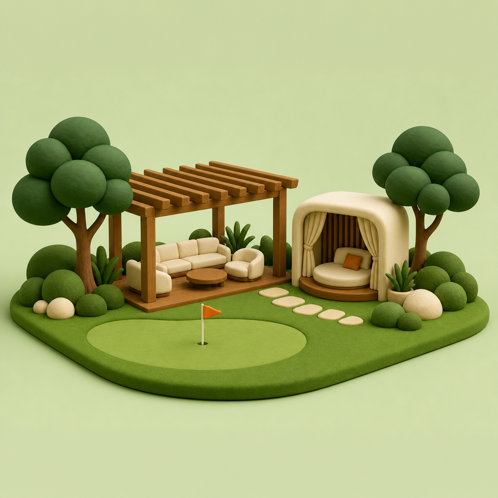Top-down illustration of a large yard with putting green and trees