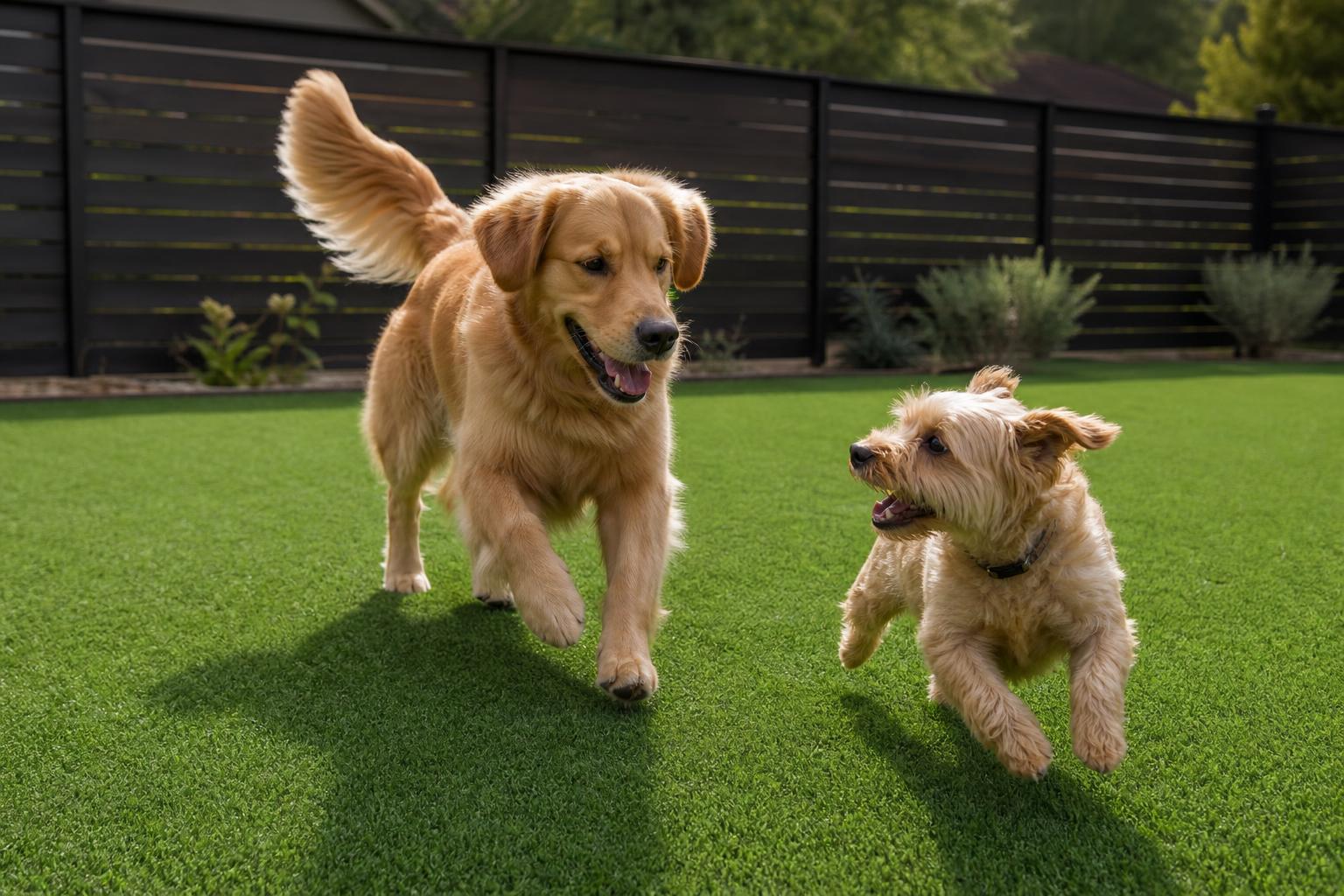 Two dogs running on bright green pet turf in a Celina backyard